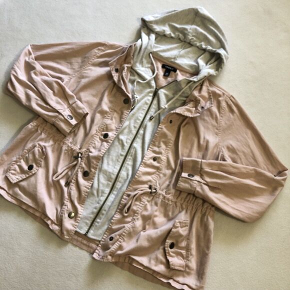 Torrid Women Pale Blush Pink Twill Jersey Hood Anorak Zip Snap Jacket 00 M/L 10 - Picture 2 of 11
